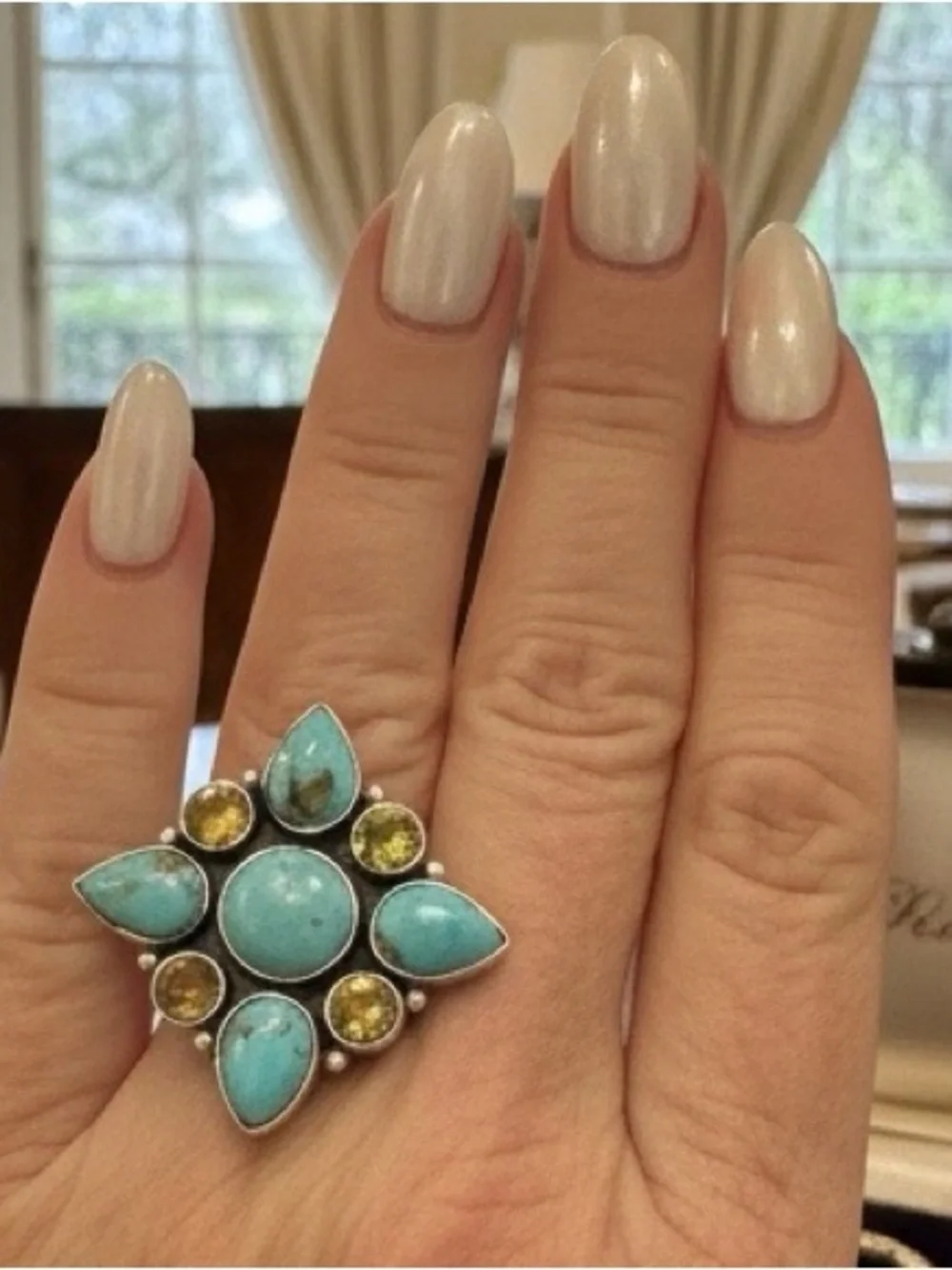 Genuine Turquoise and Yellow honey Dahlia Stone‎ Sterling, silver Statement Ring